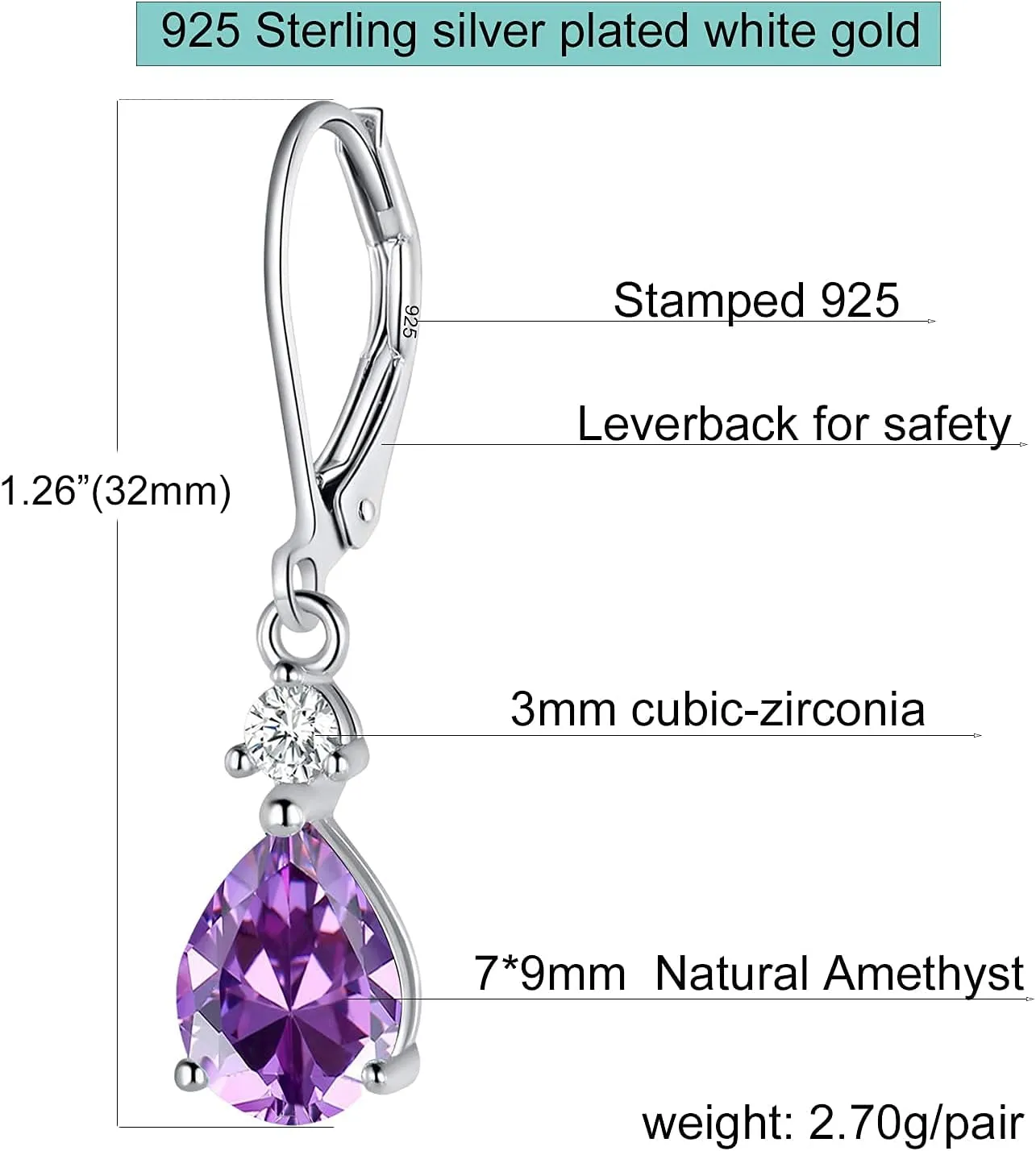 925 Sterling Silver Blue Topaz/Amethyst/Rainbow Quartz CZ Teardrop Leverback Earrings Drop Dangly Gemstone Earings Hypoallergenic Birthday Jewelry Gifts for Women