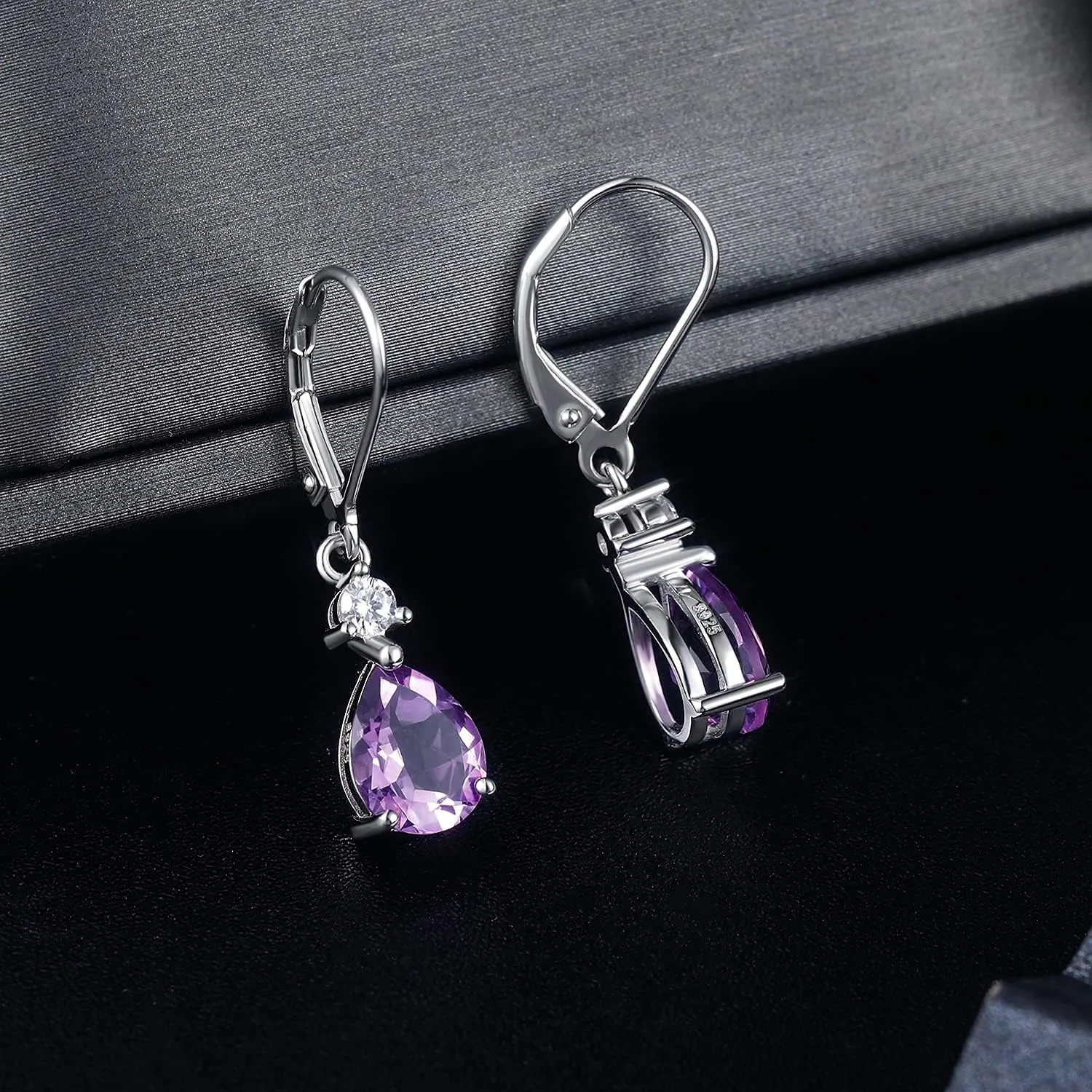 925 Sterling Silver Blue Topaz/Amethyst/Rainbow Quartz CZ Teardrop Leverback Earrings Drop Dangly Gemstone Earings Hypoallergenic Birthday Jewelry Gifts for Women
