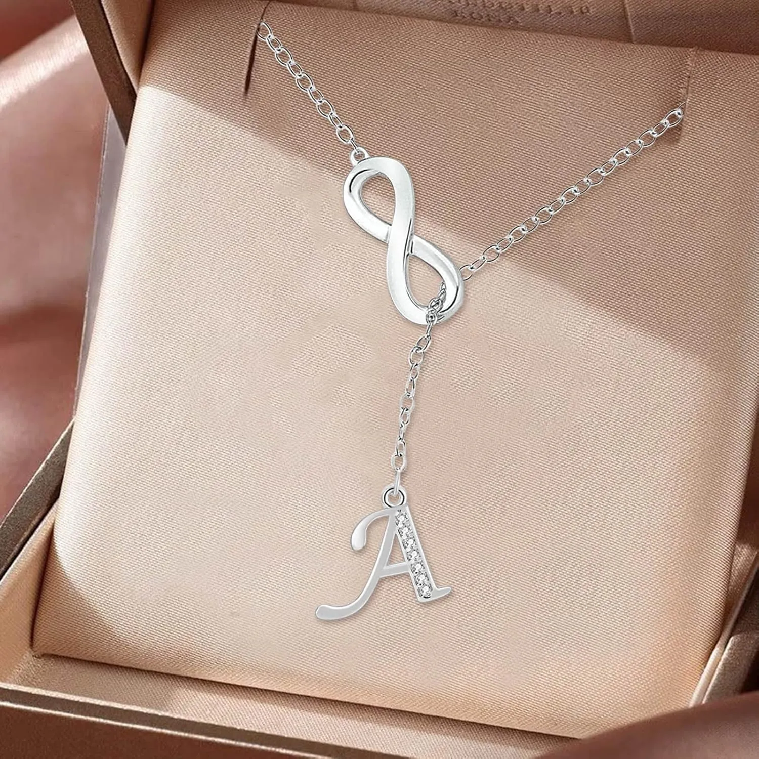 925 Sterling Silver Diamond Infinity Lariat Necklace for Women,Cubic Zirconia Alphabet Letter Pendant Chain Xmas Jewelry Gift