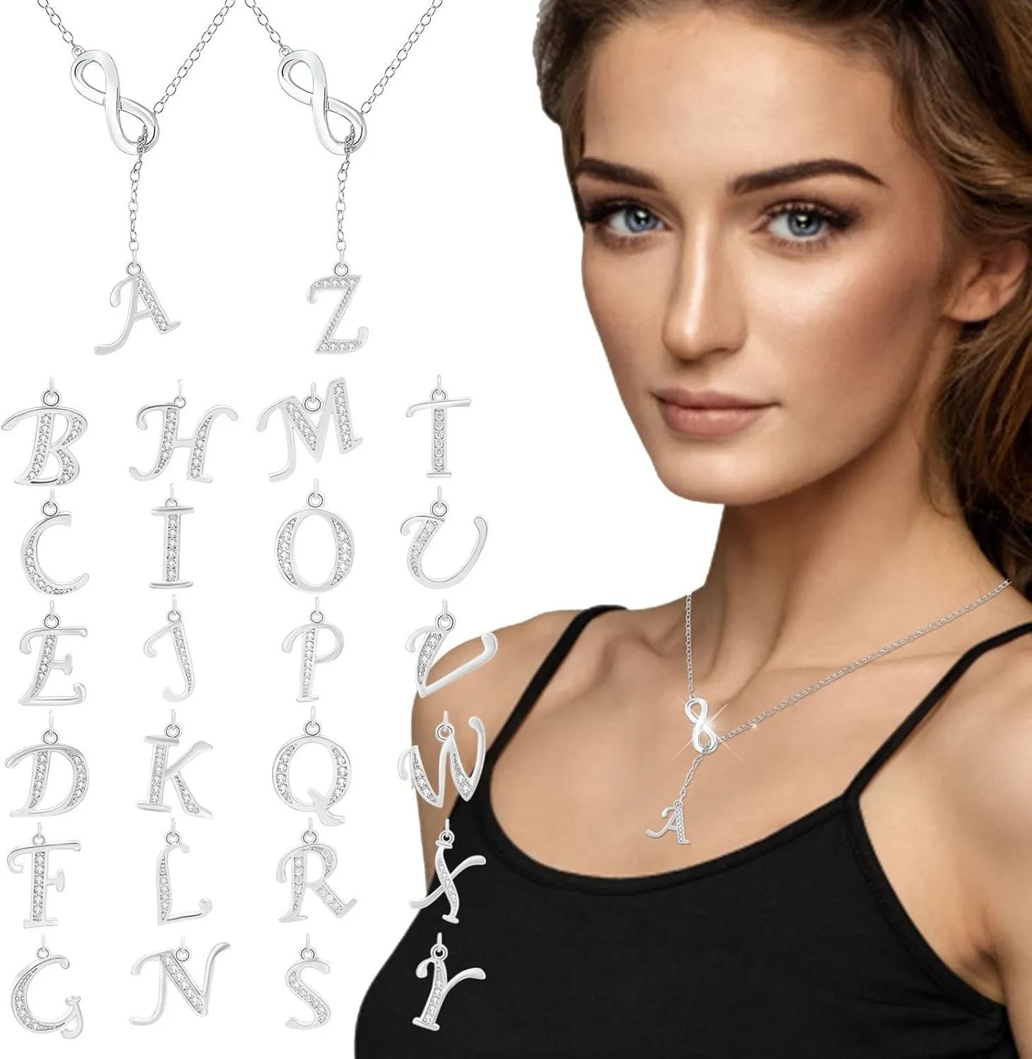 925 Sterling Silver Diamond Infinity Lariat Necklace for Women,Cubic Zirconia Alphabet Letter Pendant Chain Xmas Jewelry Gift