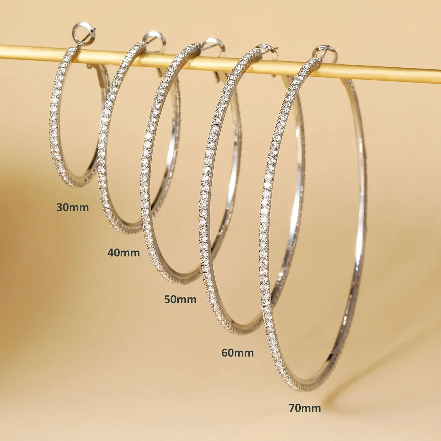 925 Sterling Silver Earrings Large Rhinestone Hoop Earrings Big Cubic Zirconia Hoop Earrings Thin Rhinestones Round Hoop Earrings for Women 20/30/40/50/60/70mm Sparkly Hoops With Crystals for Womens