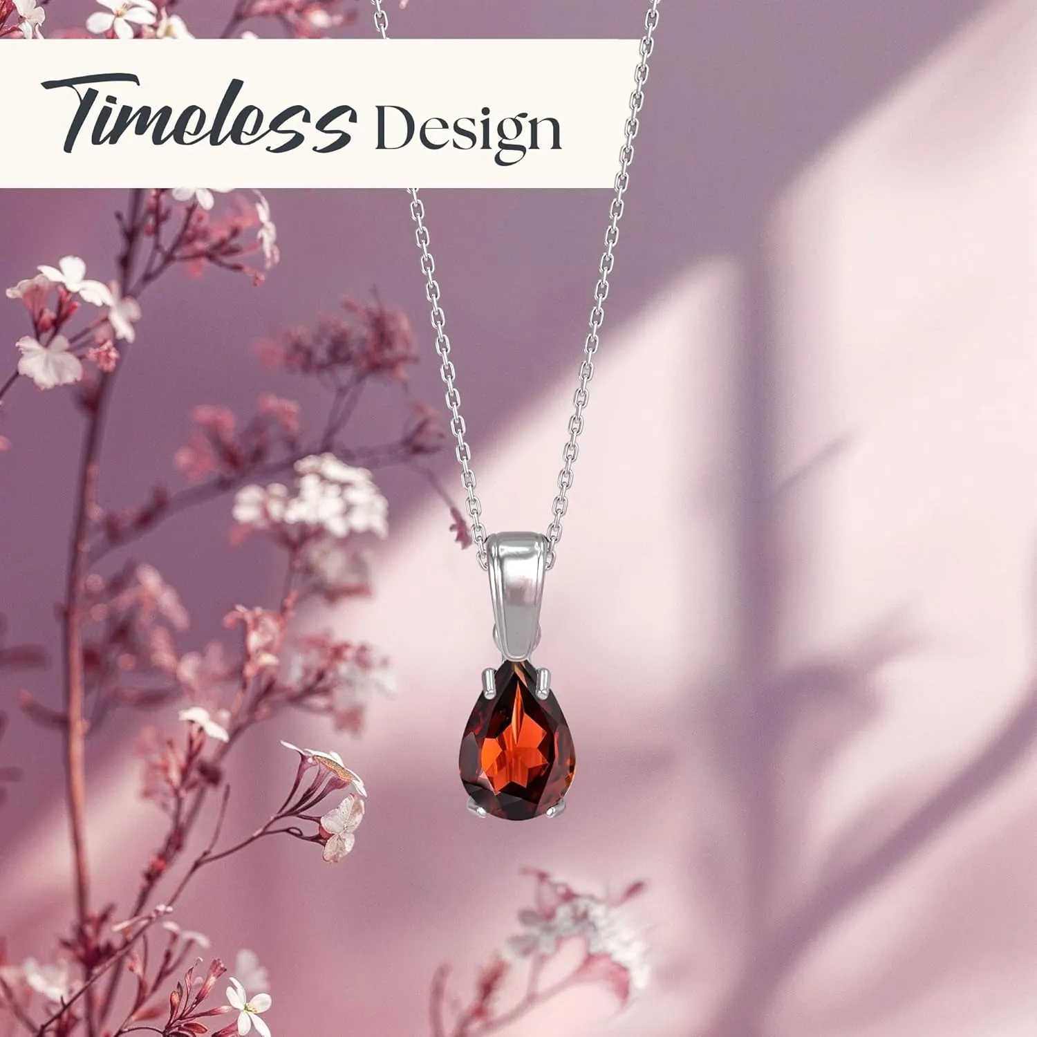 925 Sterling Silver Garnet Necklace - Garnet Teardrop Necklace - January Birthstone Necklace for Women Silver - Pear Garnet Pendant - Silver Jewelry for Women - Minimalist Chain Necklace