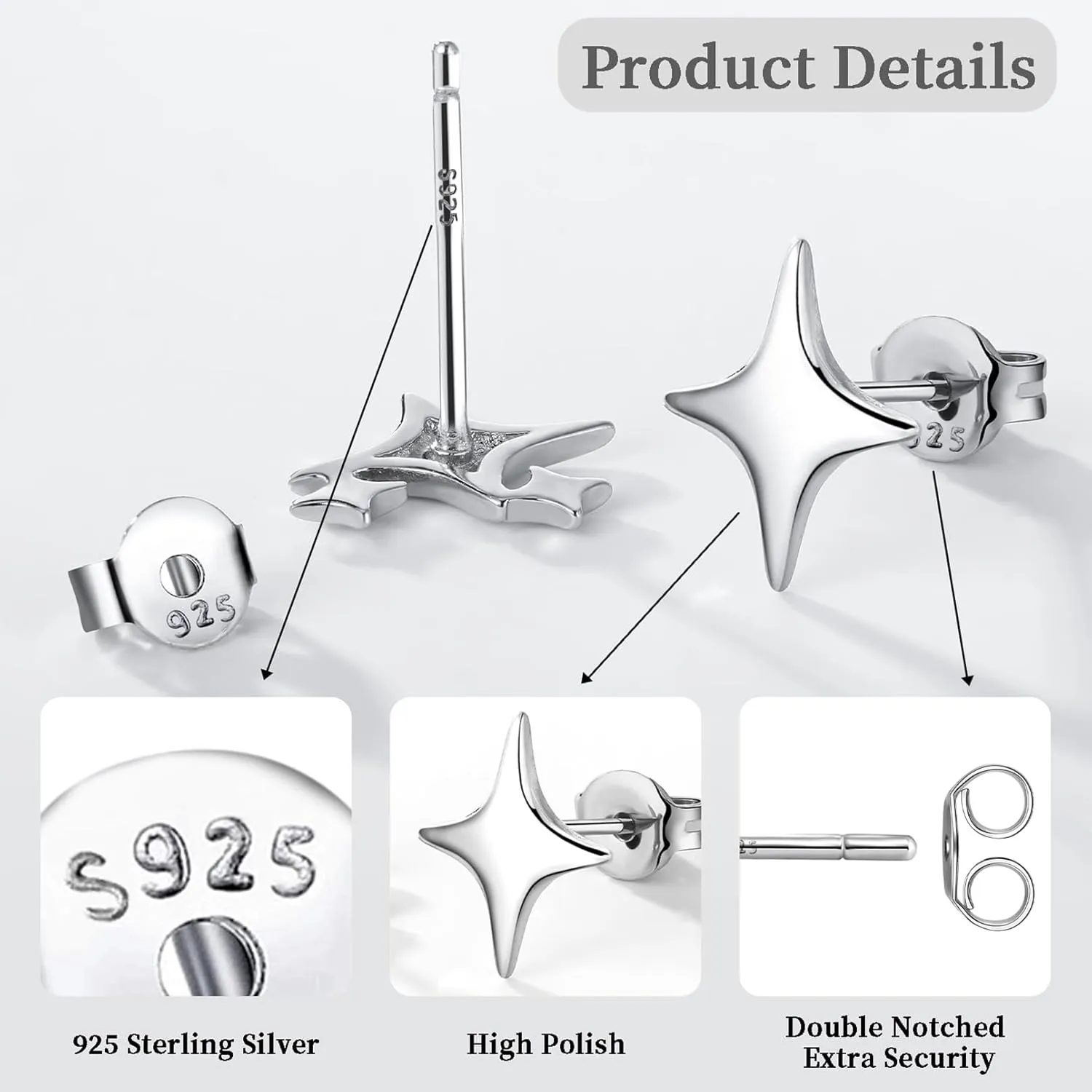 925 Sterling Silver Studs Earrings for Women 2 Pairs Star Stud Earrings Set Hypoallergenic Silver Stud Earrings Dainty Star Earrings for Women