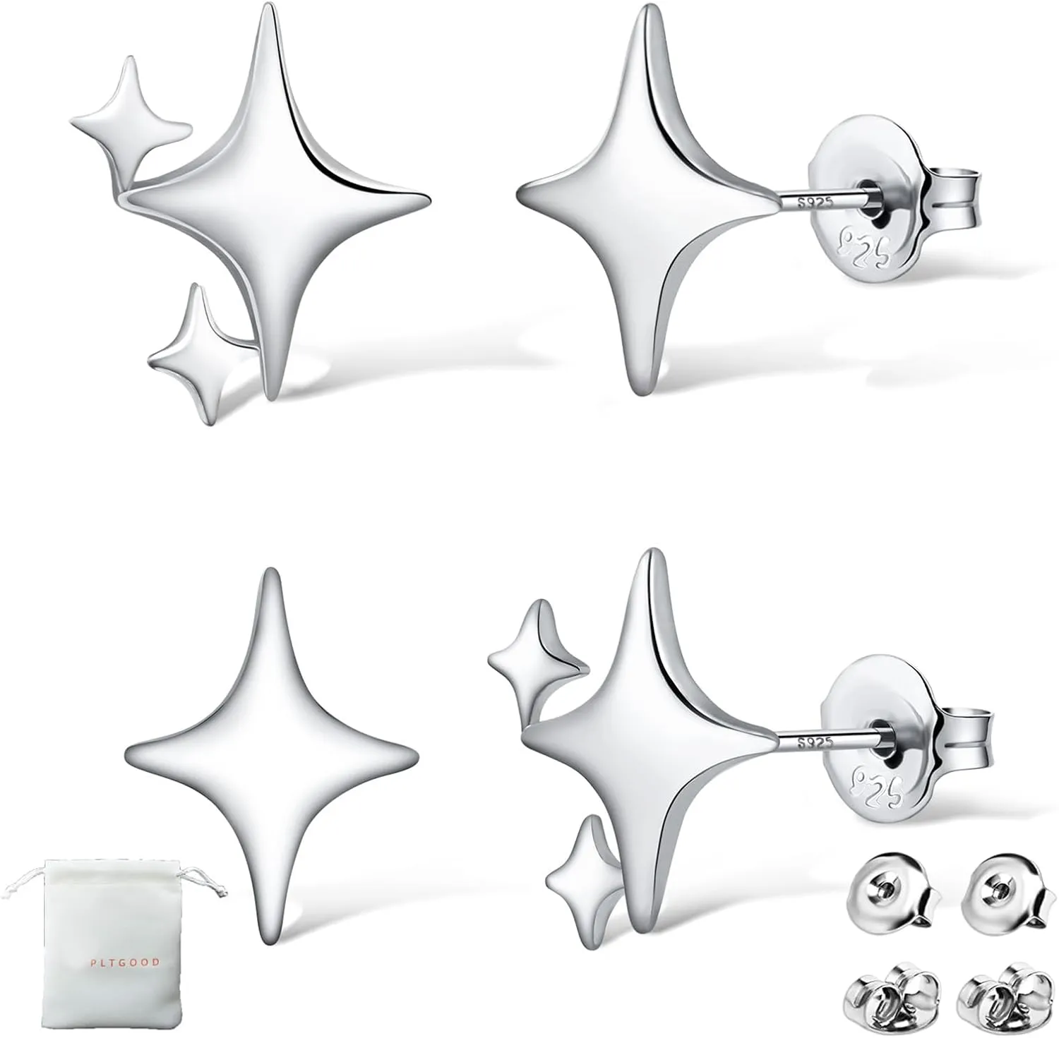 925 Sterling Silver Studs Earrings for Women 2 Pairs Star Stud Earrings Set Hypoallergenic Silver Stud Earrings Dainty Star Earrings for Women