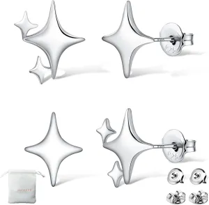 925 Sterling Silver Studs Earrings for Women 2 Pairs Star Stud Earrings Set Hypoallergenic Silver Stud Earrings Dainty Star Earrings for Women