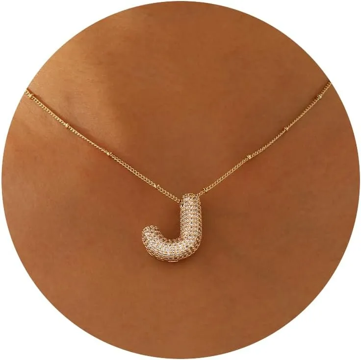 A-Z Letter Necklace Gold Balloon Initial Necklaces Rhinestone Letter Pendant Necklaces for Women Trendy