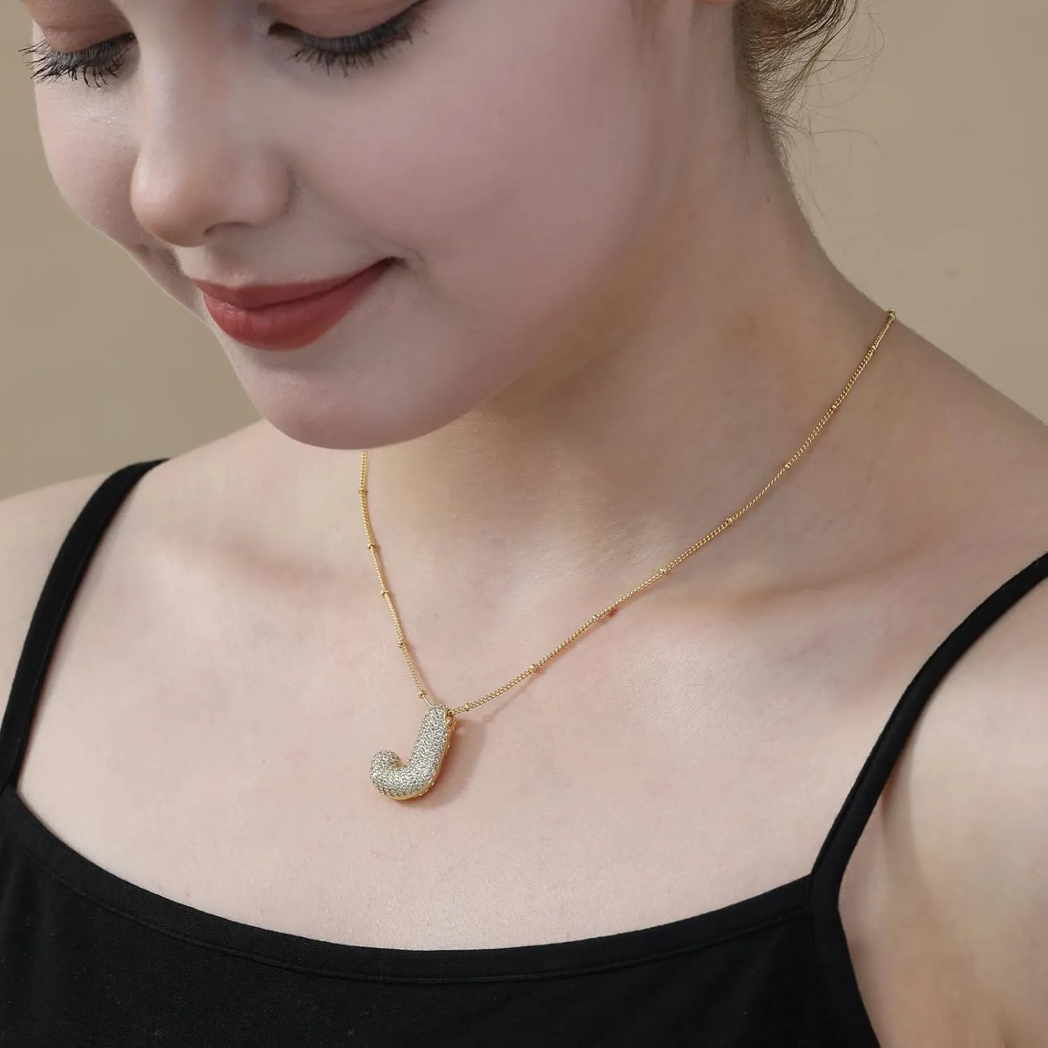 A-Z Letter Necklace Gold Balloon Initial Necklaces Rhinestone Letter Pendant Necklaces for Women Trendy
