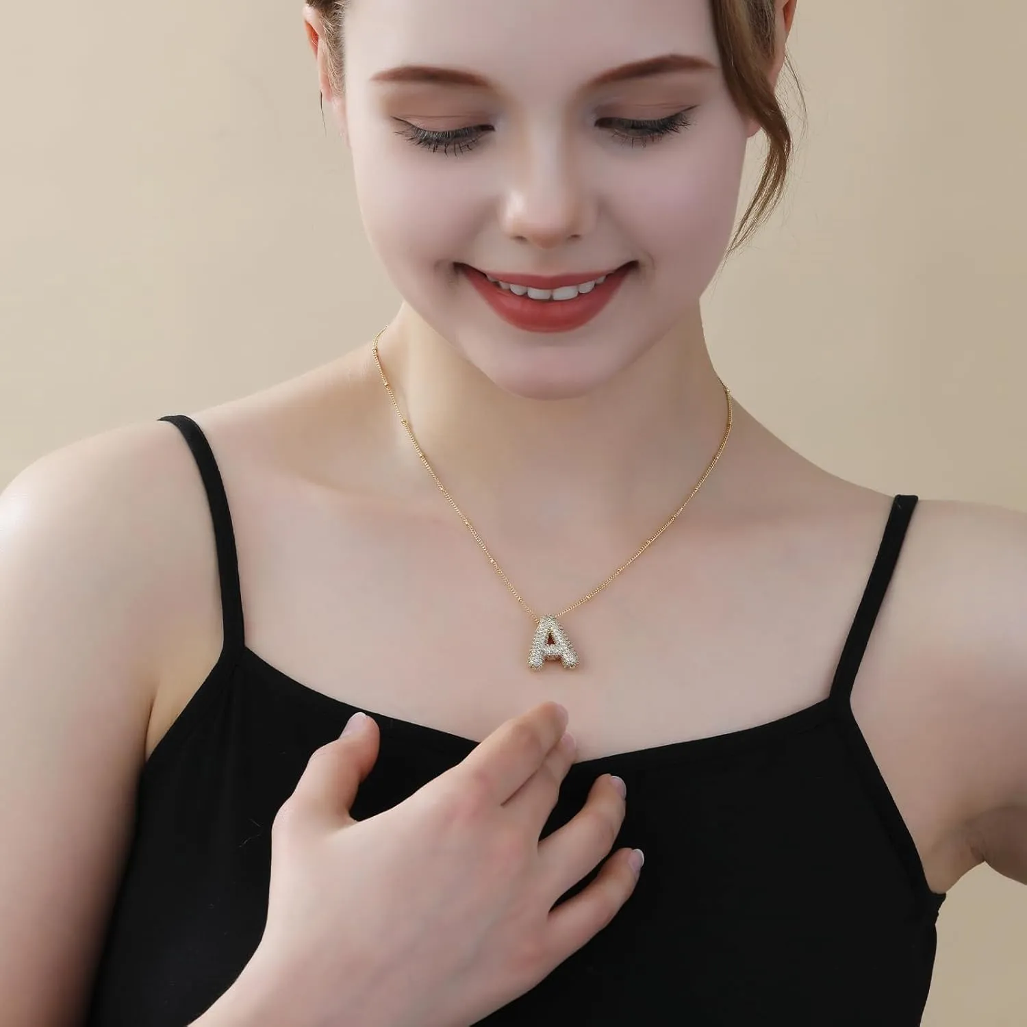 A-Z Letter Necklace Gold Balloon Initial Necklaces Rhinestone Letter Pendant Necklaces for Women Trendy