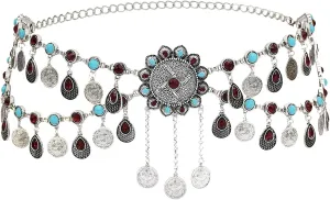 African Waist Chains for Women, Belt Chains Punk Boho Tassels Alloy Waist Chain with Zirconia