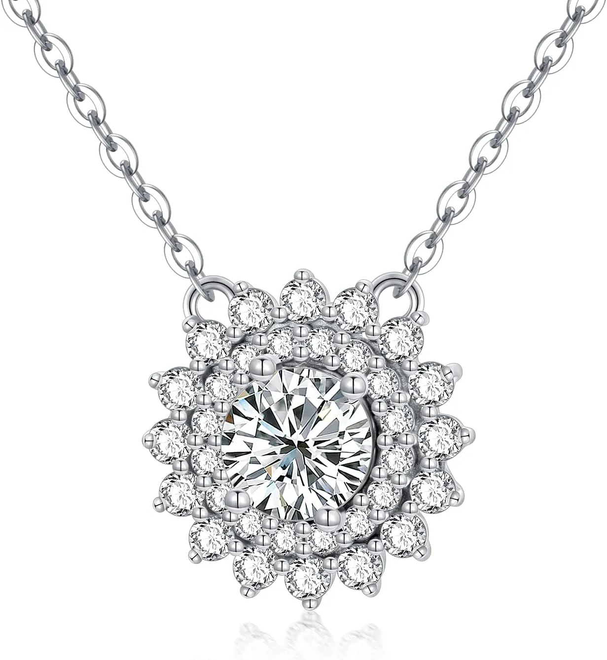 Aihpos Flower Necklaces for Women 1 Carat Center Moissanite Halo Pendant Necklaces Platinum Plated Silver, 18''-20''