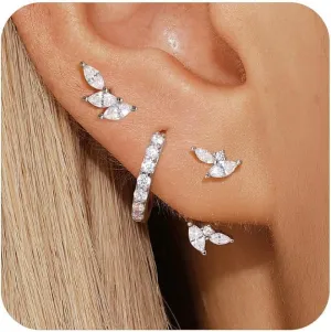 Angelady Sterling Silver Earrings Set for Women, Gold Plated Stud Hoop Earring Stacks for Women, Cartilage Huggies Earrings Set for Multiple Piercings