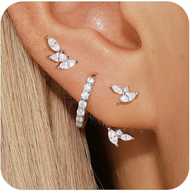 Angelady Sterling Silver Earrings Set for Women, Gold Plated Stud Hoop Earring Stacks for Women, Cartilage Huggies Earrings Set for Multiple Piercings
