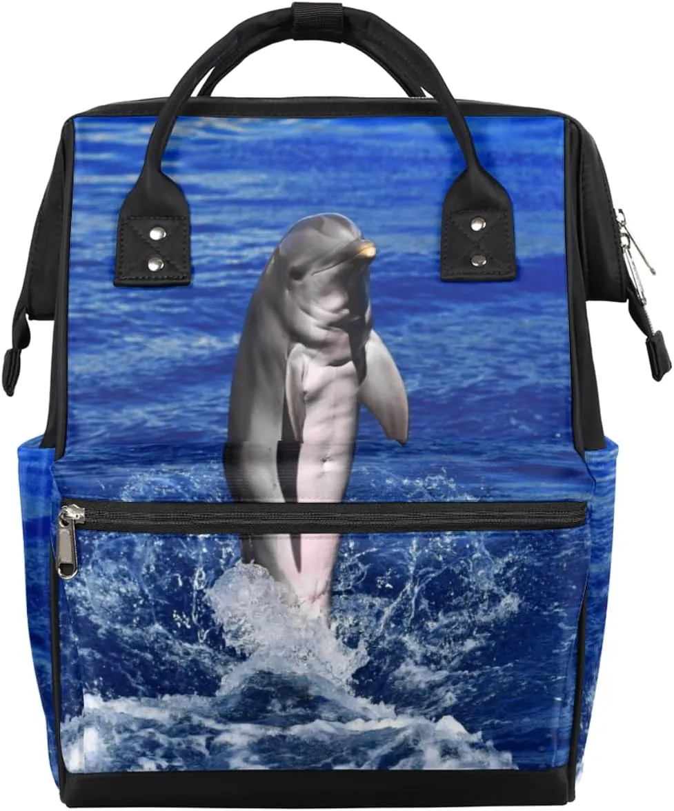 Animal Dolphin Sea Diaper Bag Tote Large Capacity Waterproof with Adjustable Shoulder Strap and Pram Straps Mommy Bag for Hospital Beach Weekender Travel