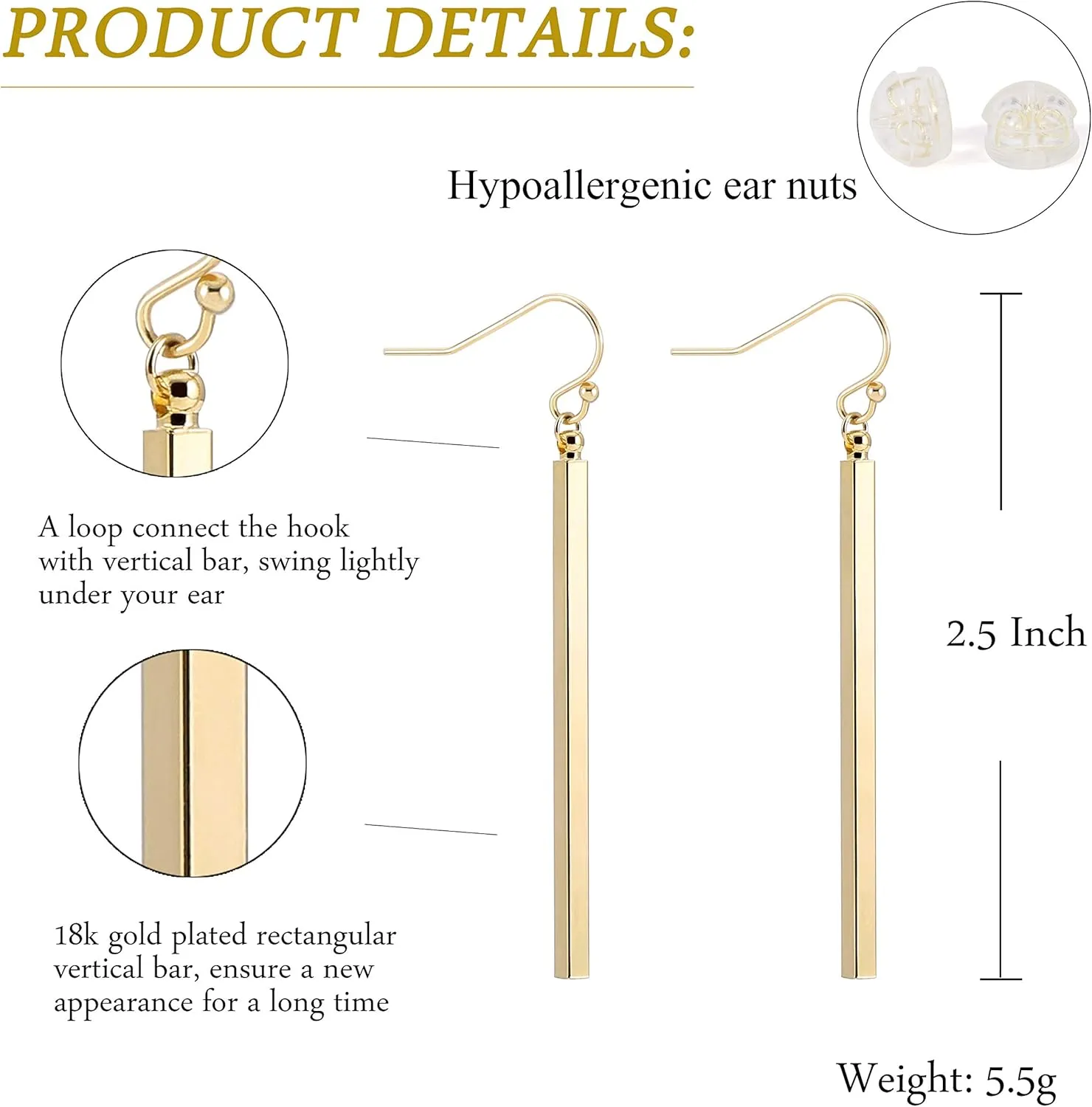 Aobei Pearl 18K Gold/Platimun Plated Brass Long Vertical Bar Drop Dangle Earring Minimal Hanging Earrings Geometric jewelry for Women