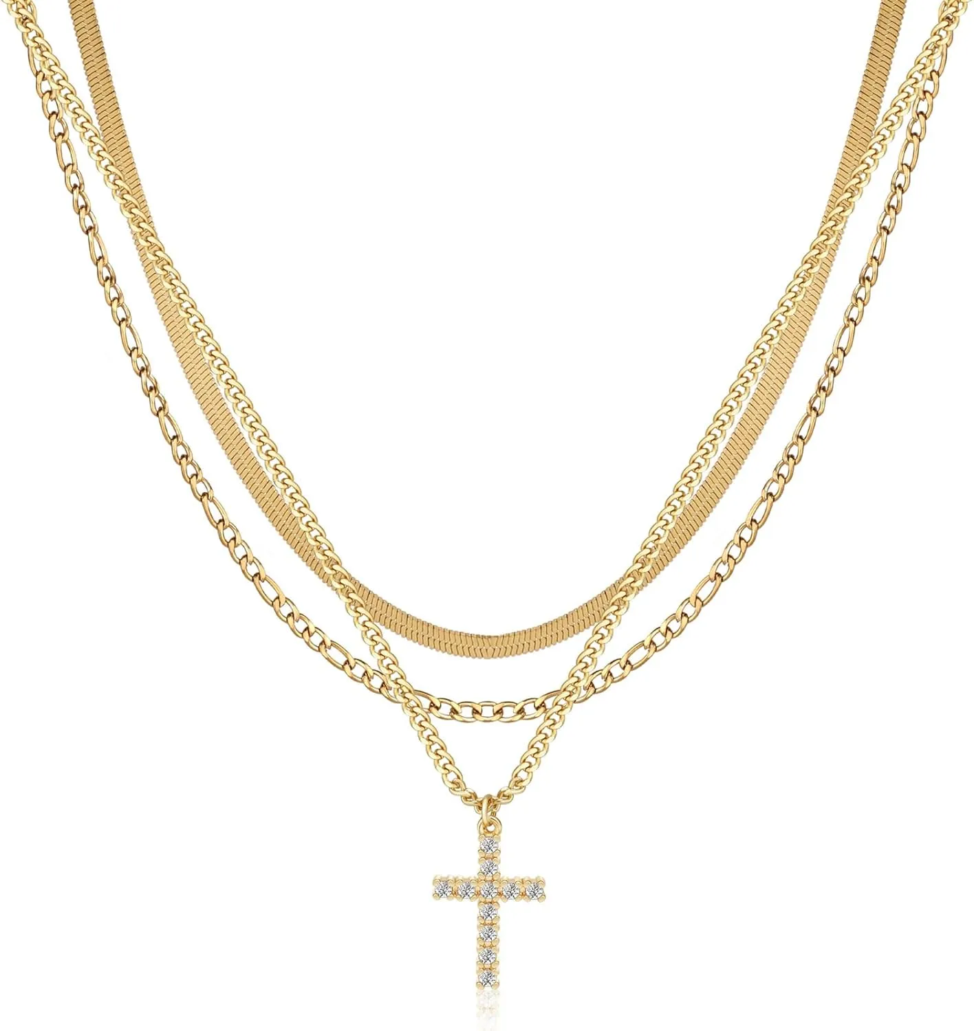 ASCOMY Layered Necklaces for Women Dainty Gold Necklace 14K Gold Plated Herringbone Necklace for Women Pearl Cross Necklace Paperclip Cuban Figaro Rope Satellite Chain Gold Choker Trendy Jewelry Gift