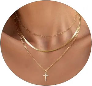 ASCOMY Layered Necklaces for Women Dainty Gold Necklace 14K Gold Plated Herringbone Necklace for Women Pearl Cross Necklace Paperclip Cuban Figaro Rope Satellite Chain Gold Choker Trendy Jewelry Gift