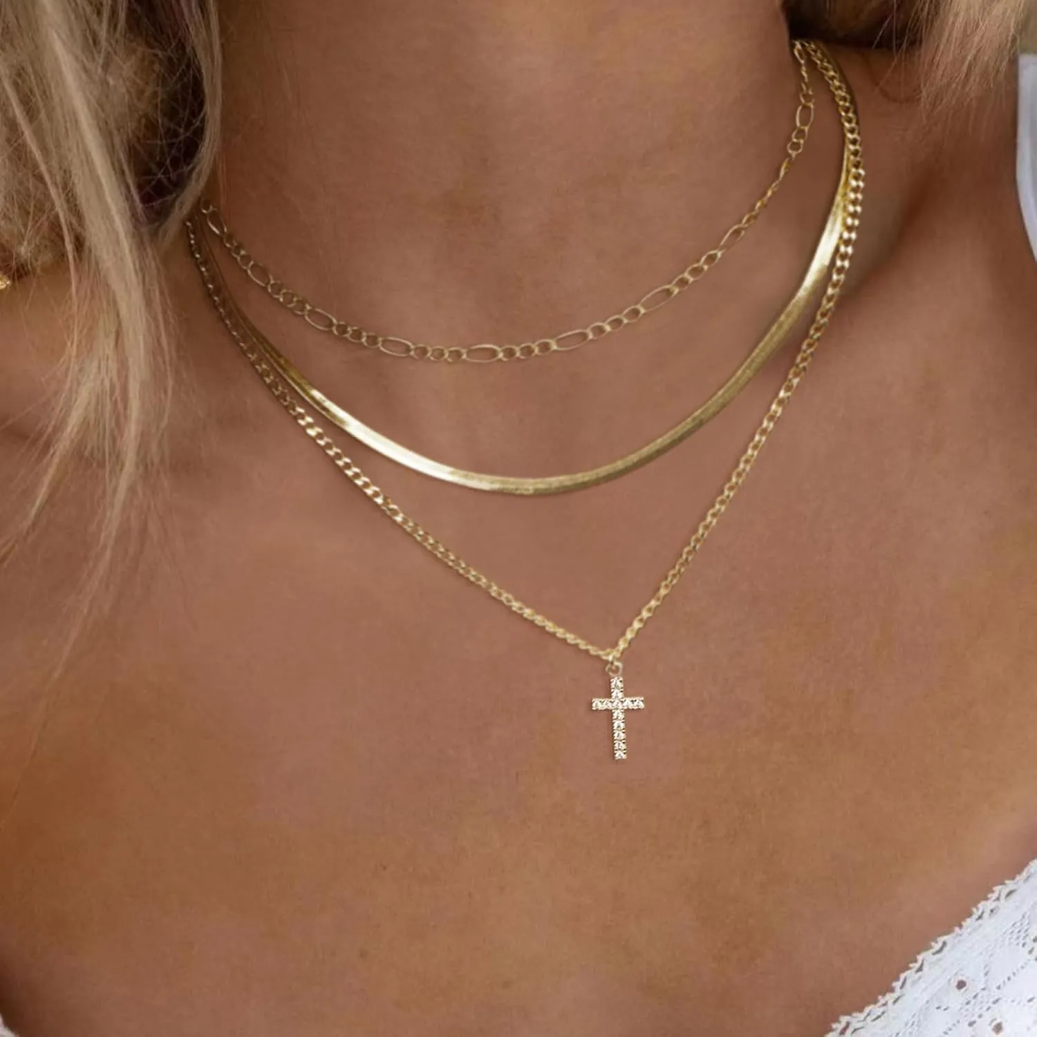 ASCOMY Layered Necklaces for Women Dainty Gold Necklace 14K Gold Plated Herringbone Necklace for Women Pearl Cross Necklace Paperclip Cuban Figaro Rope Satellite Chain Gold Choker Trendy Jewelry Gift