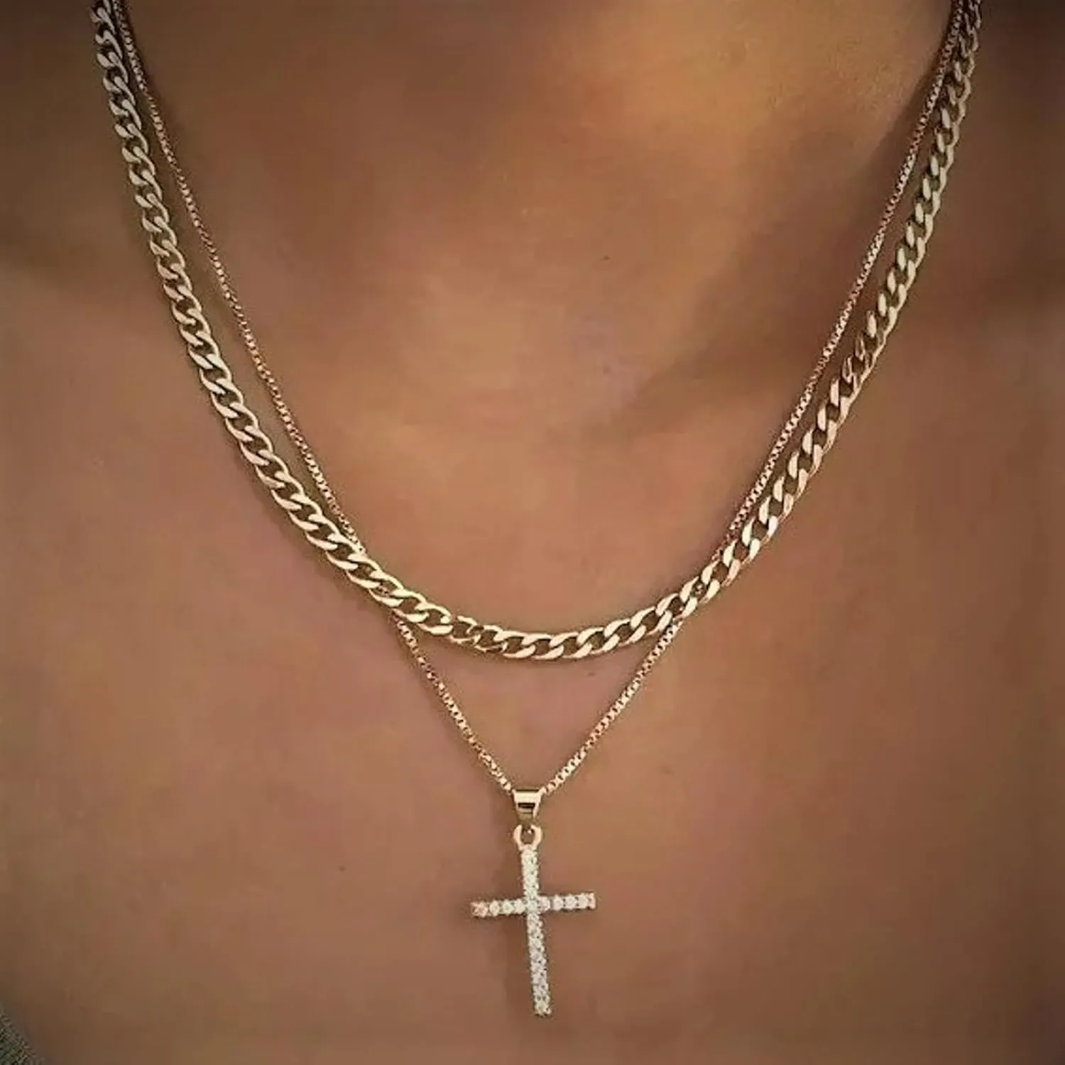 ASCOMY Layered Necklaces for Women Dainty Gold Necklace 14K Gold Plated Herringbone Necklace for Women Pearl Cross Necklace Paperclip Cuban Figaro Rope Satellite Chain Gold Choker Trendy Jewelry Gift