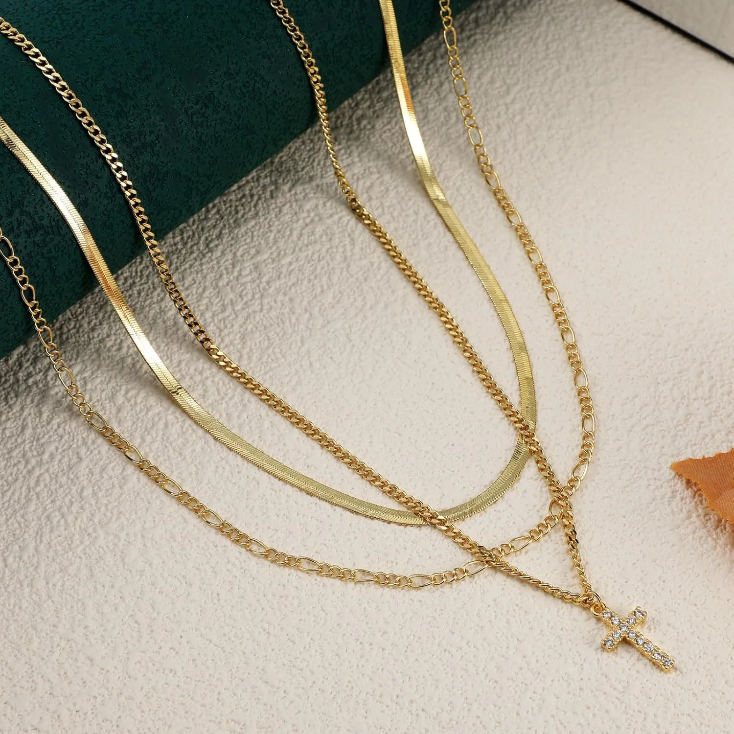 ASCOMY Layered Necklaces for Women Dainty Gold Necklace 14K Gold Plated Herringbone Necklace for Women Pearl Cross Necklace Paperclip Cuban Figaro Rope Satellite Chain Gold Choker Trendy Jewelry Gift