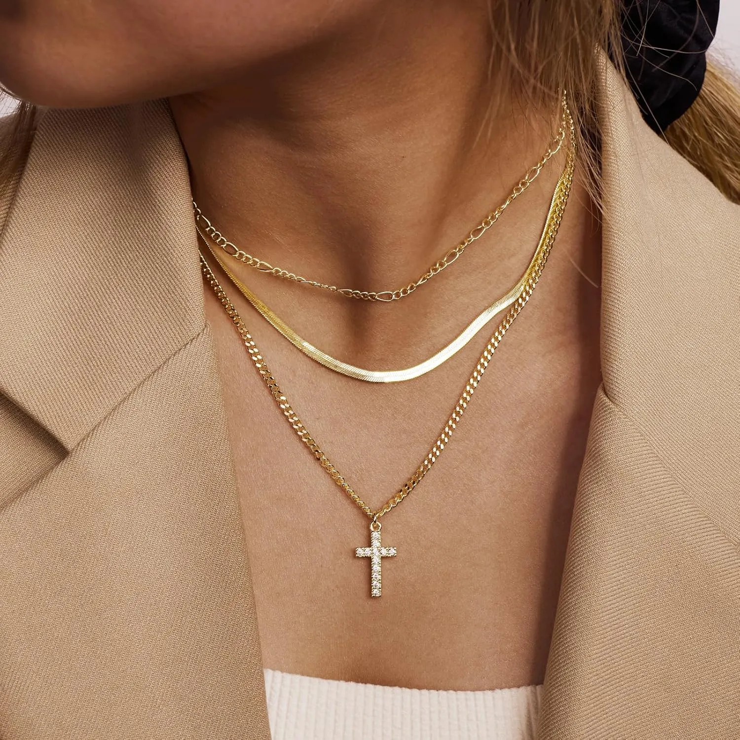 ASCOMY Layered Necklaces for Women Dainty Gold Necklace 14K Gold Plated Herringbone Necklace for Women Pearl Cross Necklace Paperclip Cuban Figaro Rope Satellite Chain Gold Choker Trendy Jewelry Gift