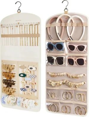 BAGSMART Hanging Jewelry Organizer Claw Clip Necklace Holder Roll for Hair Ties, Headbands, Clips, Earrings, Necklaces, Glasses Double-Sided on Closet, Wall, Door, 1 piece, Large-Light Beige