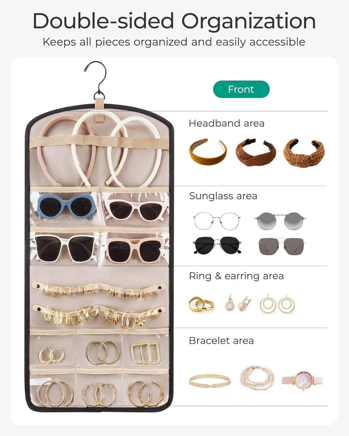 BAGSMART Hanging Jewelry Organizer Claw Clip Necklace Holder Roll for Hair Ties, Headbands, Clips, Earrings, Necklaces, Glasses Double-Sided on Closet, Wall, Door, 1 piece, Large-Light Beige