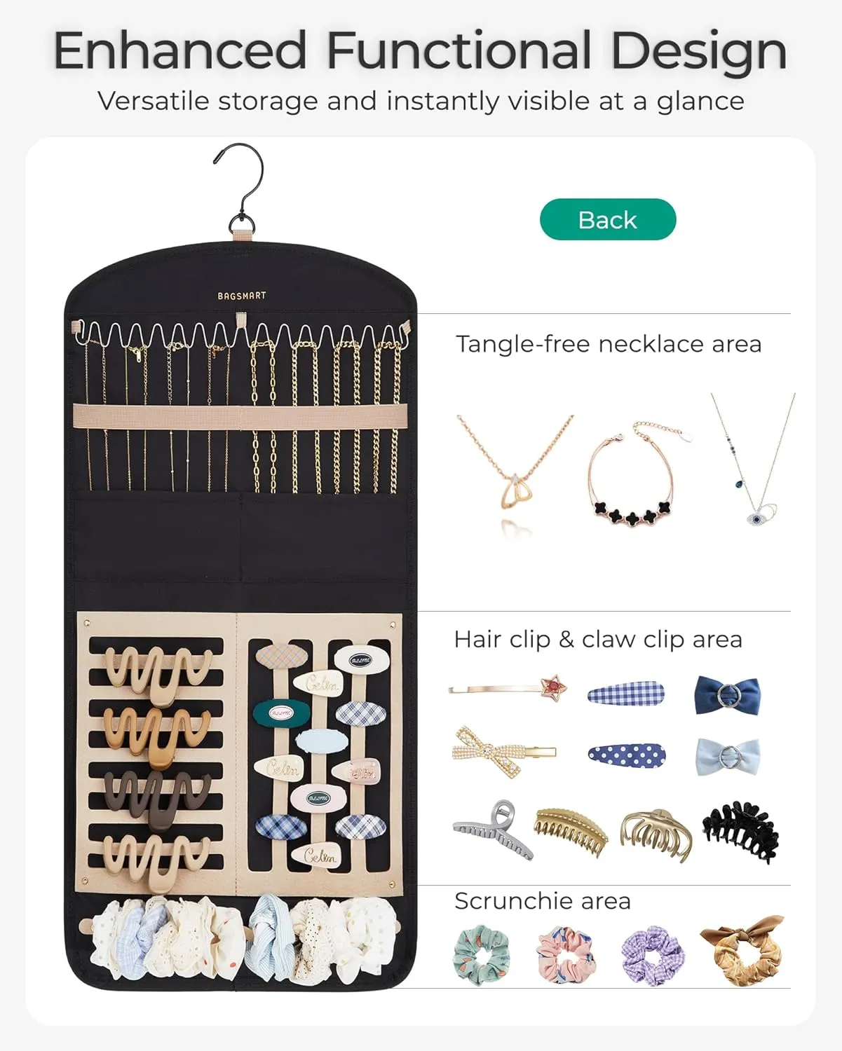 BAGSMART Hanging Jewelry Organizer Claw Clip Necklace Holder Roll for Hair Ties, Headbands, Clips, Earrings, Necklaces, Glasses Double-Sided on Closet, Wall, Door, 1 piece, Large-Light Beige