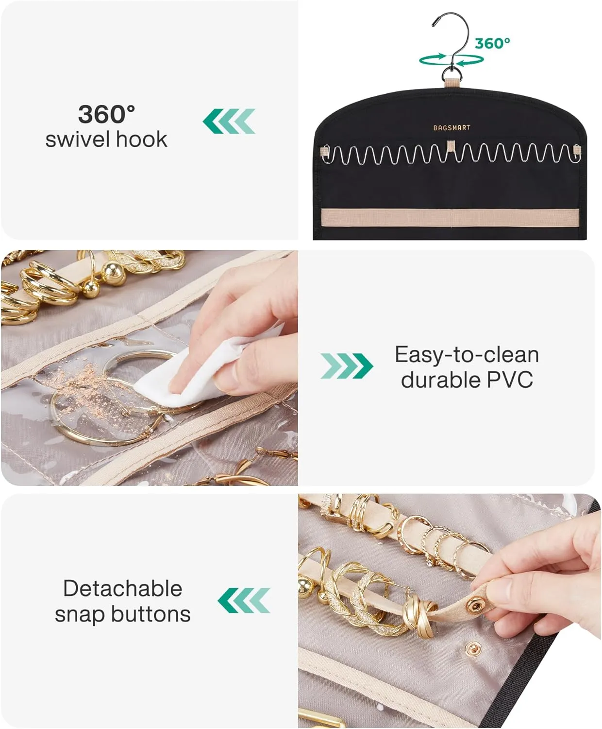 BAGSMART Hanging Jewelry Organizer Claw Clip Necklace Holder Roll for Hair Ties, Headbands, Clips, Earrings, Necklaces, Glasses Double-Sided on Closet, Wall, Door, 1 piece, Large-Light Beige