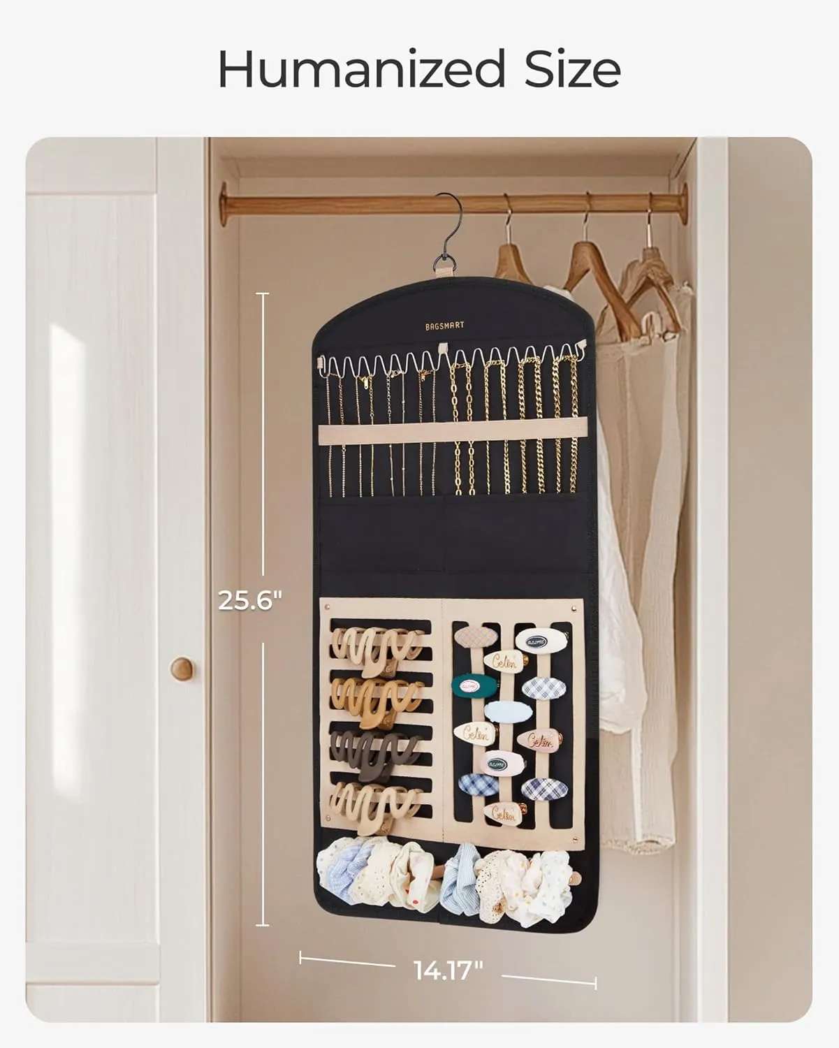 BAGSMART Hanging Jewelry Organizer Claw Clip Necklace Holder Roll for Hair Ties, Headbands, Clips, Earrings, Necklaces, Glasses Double-Sided on Closet, Wall, Door, 1 piece, Large-Light Beige