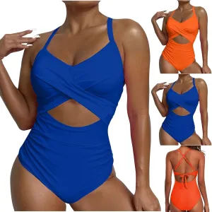 Bathing Suit for Women One Piece Tummy Control Keyhole Swimwear Sexy V Neck Bathing Suit Crisscross Back Self Tie