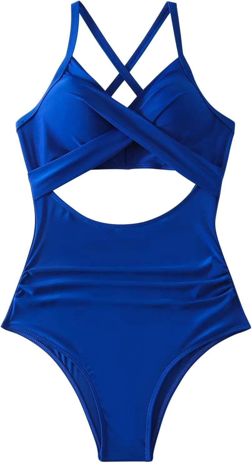 Bathing Suit for Women One Piece Tummy Control Keyhole Swimwear Sexy V Neck Bathing Suit Crisscross Back Self Tie