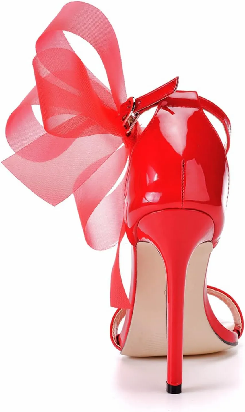bbruriy Women's Stiletto High Heeled Sandals with Lace Mesh Bows Knot Decoration Open Toe Ankle Strap Sexy Dress Wedding Bridal Party Shoes