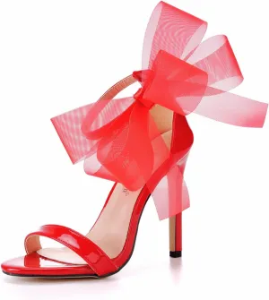 bbruriy Women's Stiletto High Heeled Sandals with Lace Mesh Bows Knot Decoration Open Toe Ankle Strap Sexy Dress Wedding Bridal Party Shoes