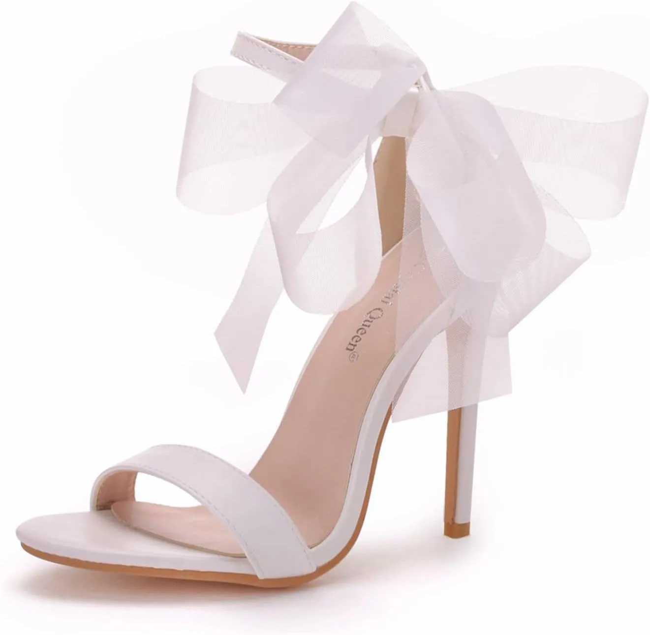 bbruriy Women's Stiletto High Heeled Sandals with Lace Mesh Bows Knot Decoration Open Toe Ankle Strap Sexy Dress Wedding Bridal Party Shoes