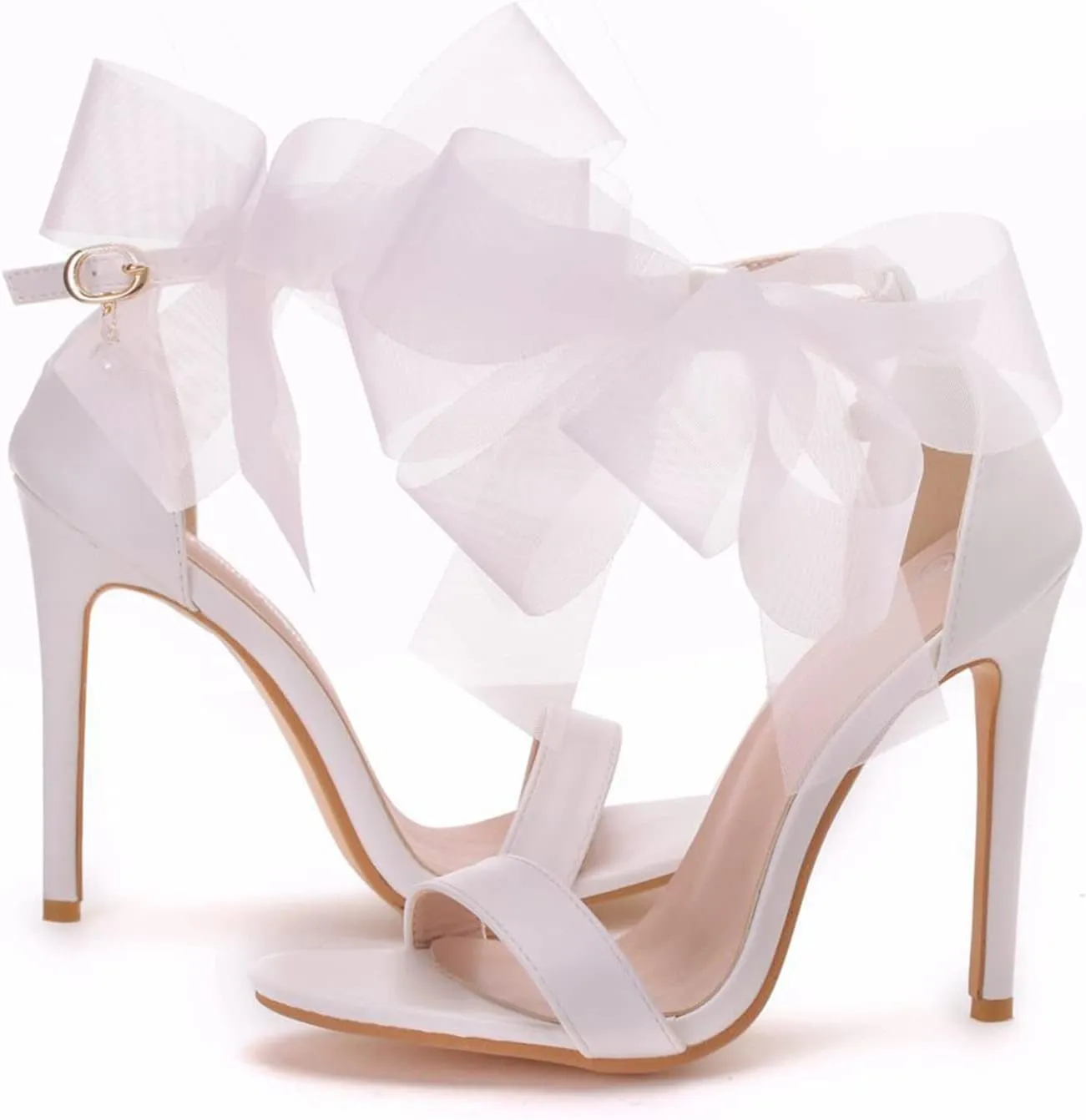 bbruriy Women's Stiletto High Heeled Sandals with Lace Mesh Bows Knot Decoration Open Toe Ankle Strap Sexy Dress Wedding Bridal Party Shoes
