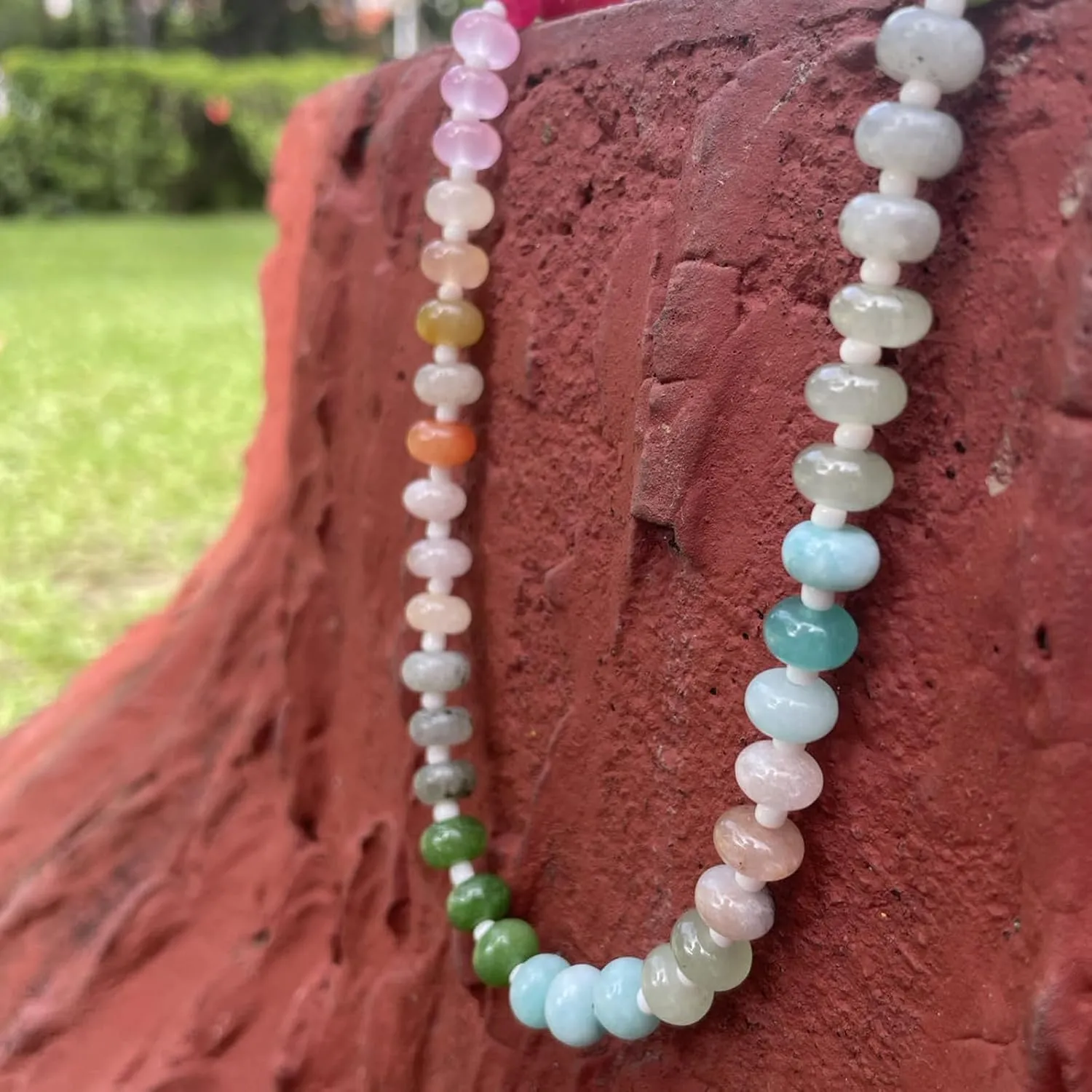 Beaded Necklace for Women, 17 Inch Colorful Rainbow Necklace Boho Bead Choker Necklace - Beaded Gemstone Necklace, Natural Stone Necklace Handmade Necklace Gift for Women Mom Grandma