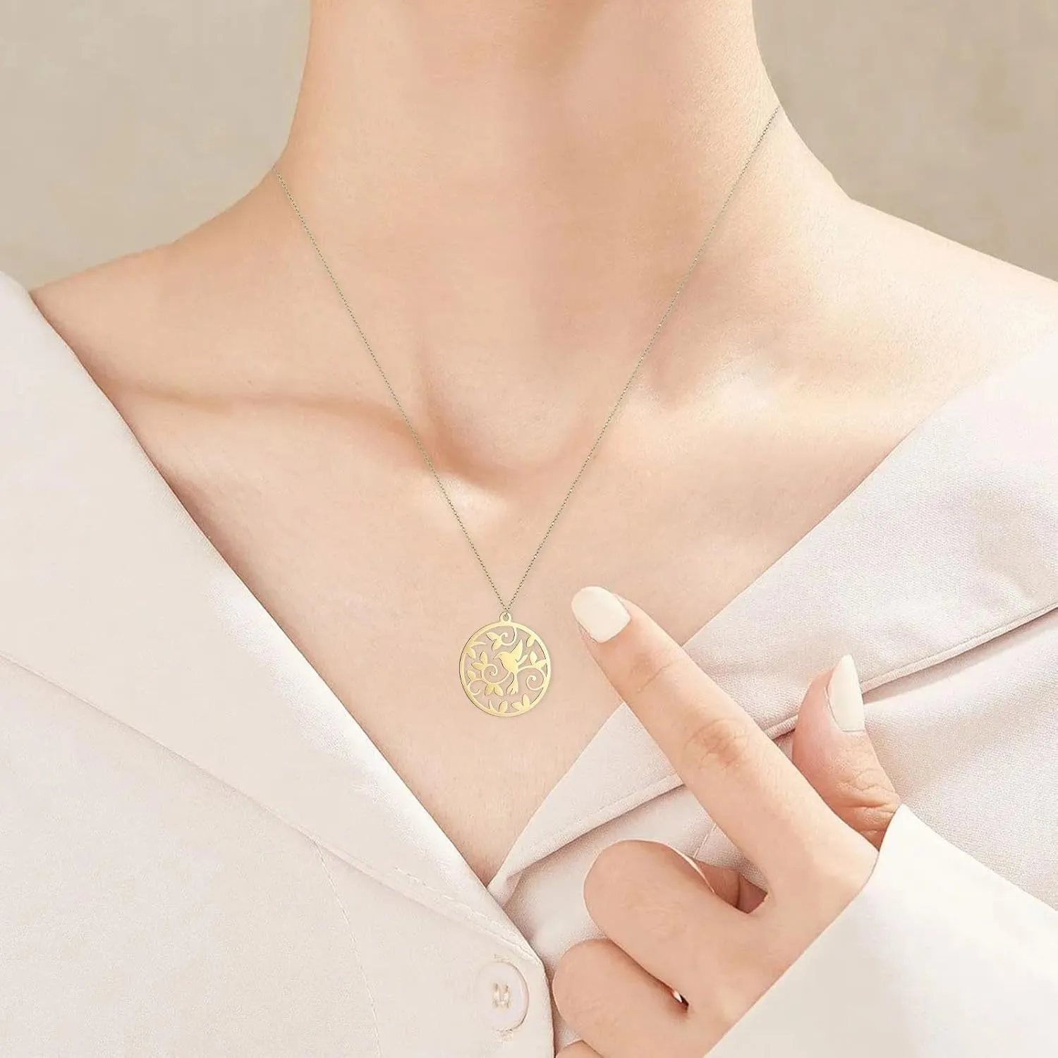 Beautiful Nightingale Bird on a Branch .925 Sterling Silver Round Pendant Necklace | Nightingale Bird Pendant Necklace for Women | Bird on a Branch Pendant Necklace Gold Heart Necklace