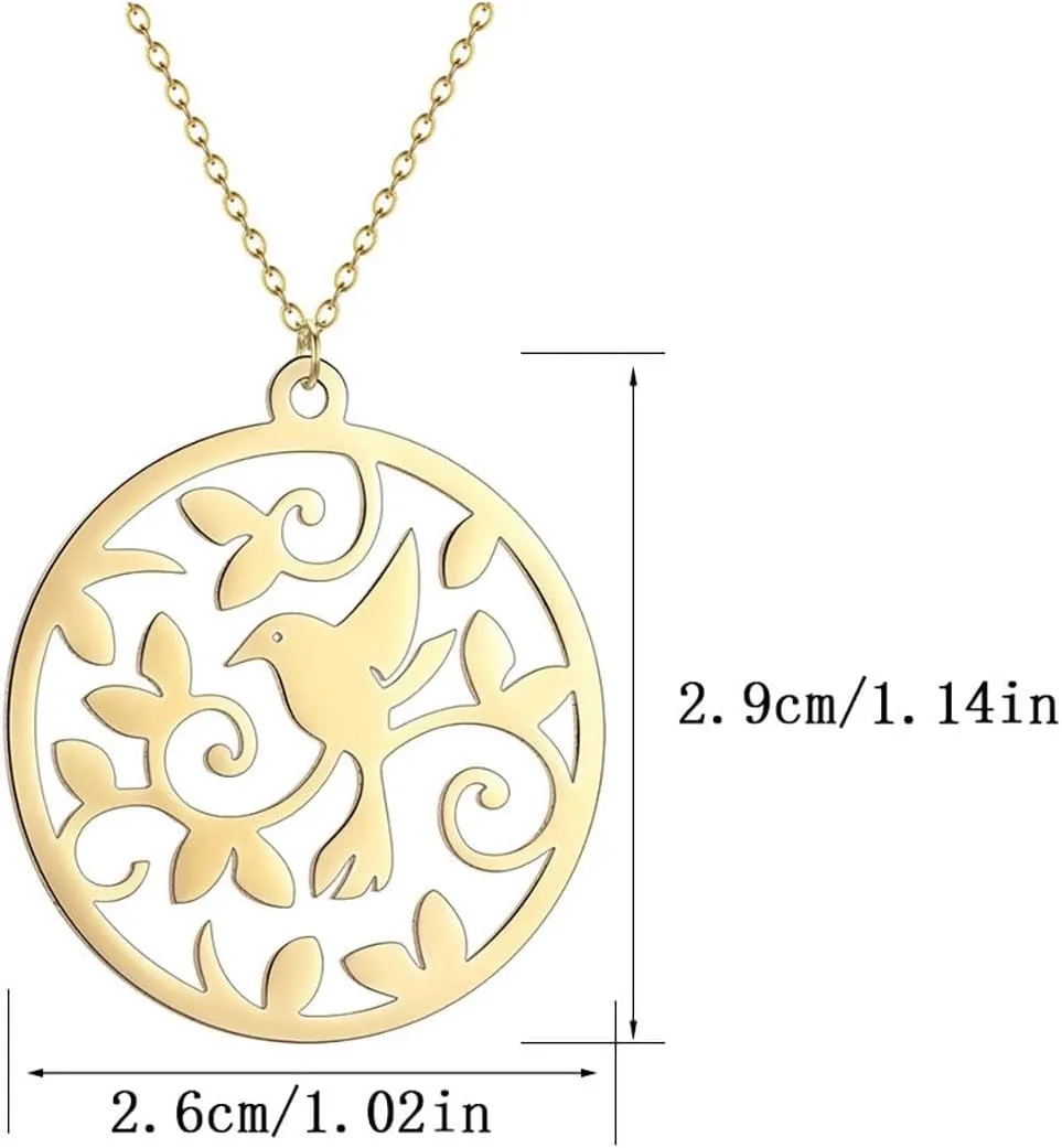 Beautiful Nightingale Bird on a Branch .925 Sterling Silver Round Pendant Necklace | Nightingale Bird Pendant Necklace for Women | Bird on a Branch Pendant Necklace Gold Heart Necklace