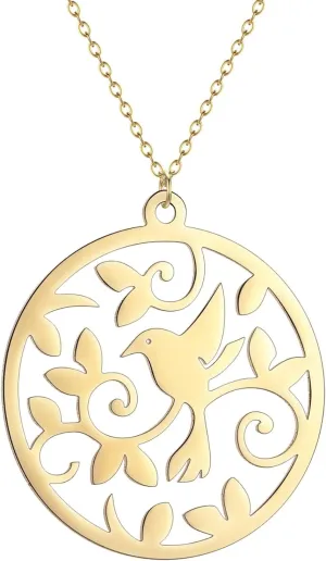 Beautiful Nightingale Bird on a Branch .925 Sterling Silver Round Pendant Necklace | Nightingale Bird Pendant Necklace for Women | Bird on a Branch Pendant Necklace Gold Heart Necklace