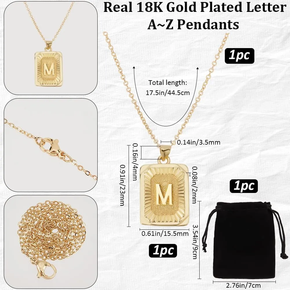Beebeecraft 1 Box 1Pc 18K Gold Plated Brass Initial Letters M Necklaces with Rectangle Velvet Pouches for Men Women
