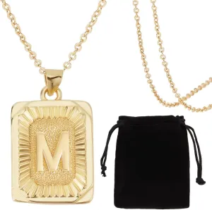 Beebeecraft 1 Box 1Pc 18K Gold Plated Brass Initial Letters M Necklaces with Rectangle Velvet Pouches for Men Women