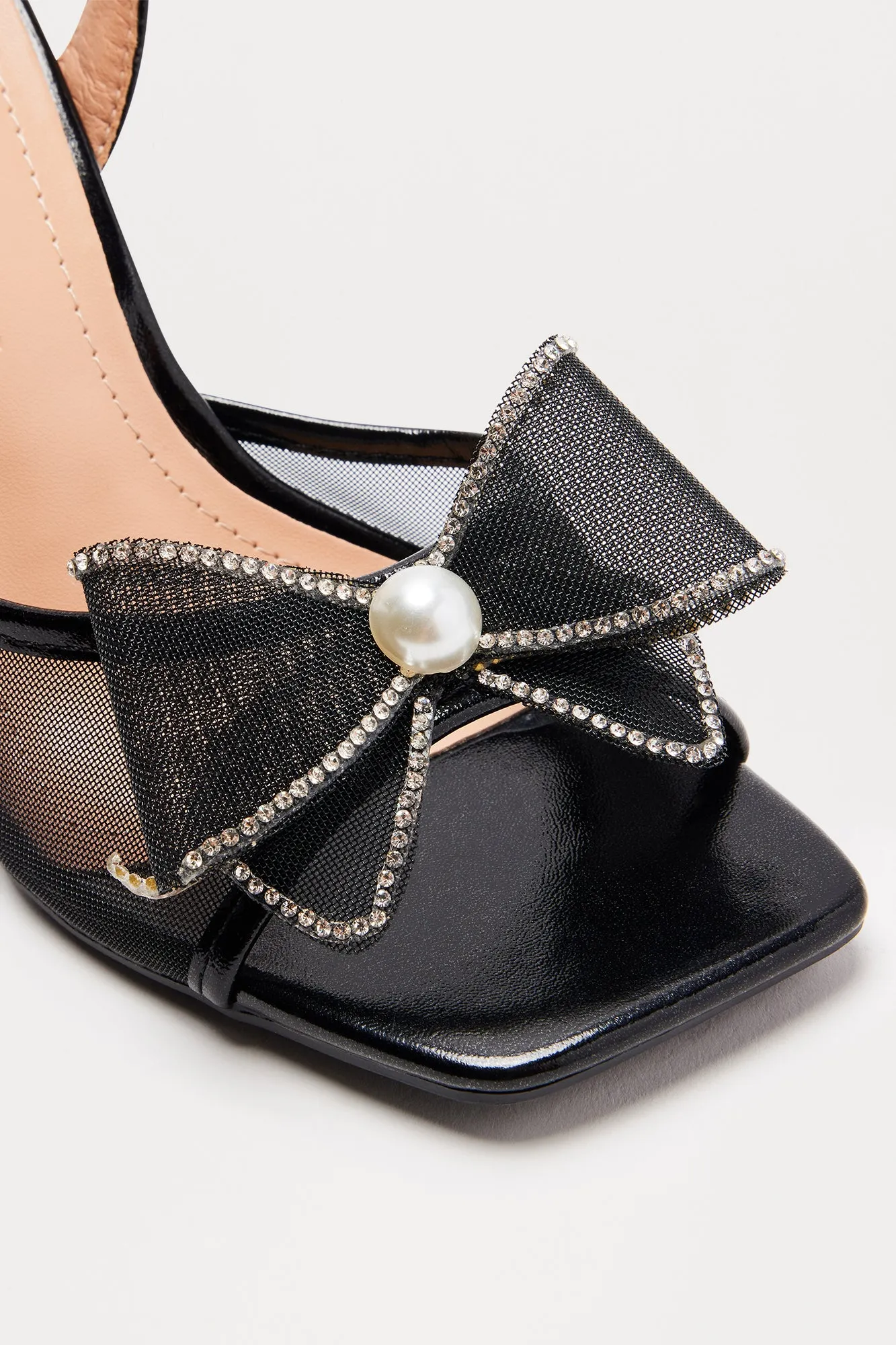 Beller Rhinestone Pearl Bow Heels - Black