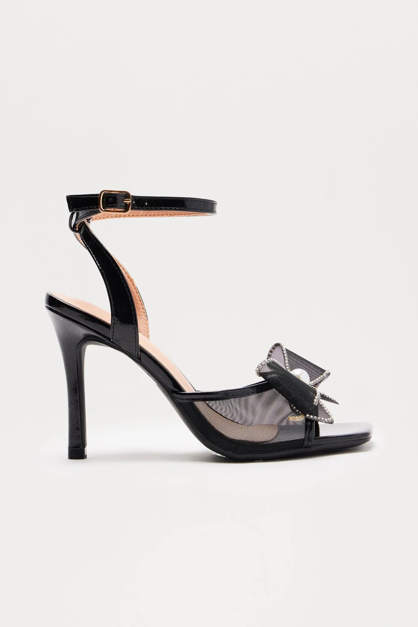 Beller Rhinestone Pearl Bow Heels - Black
