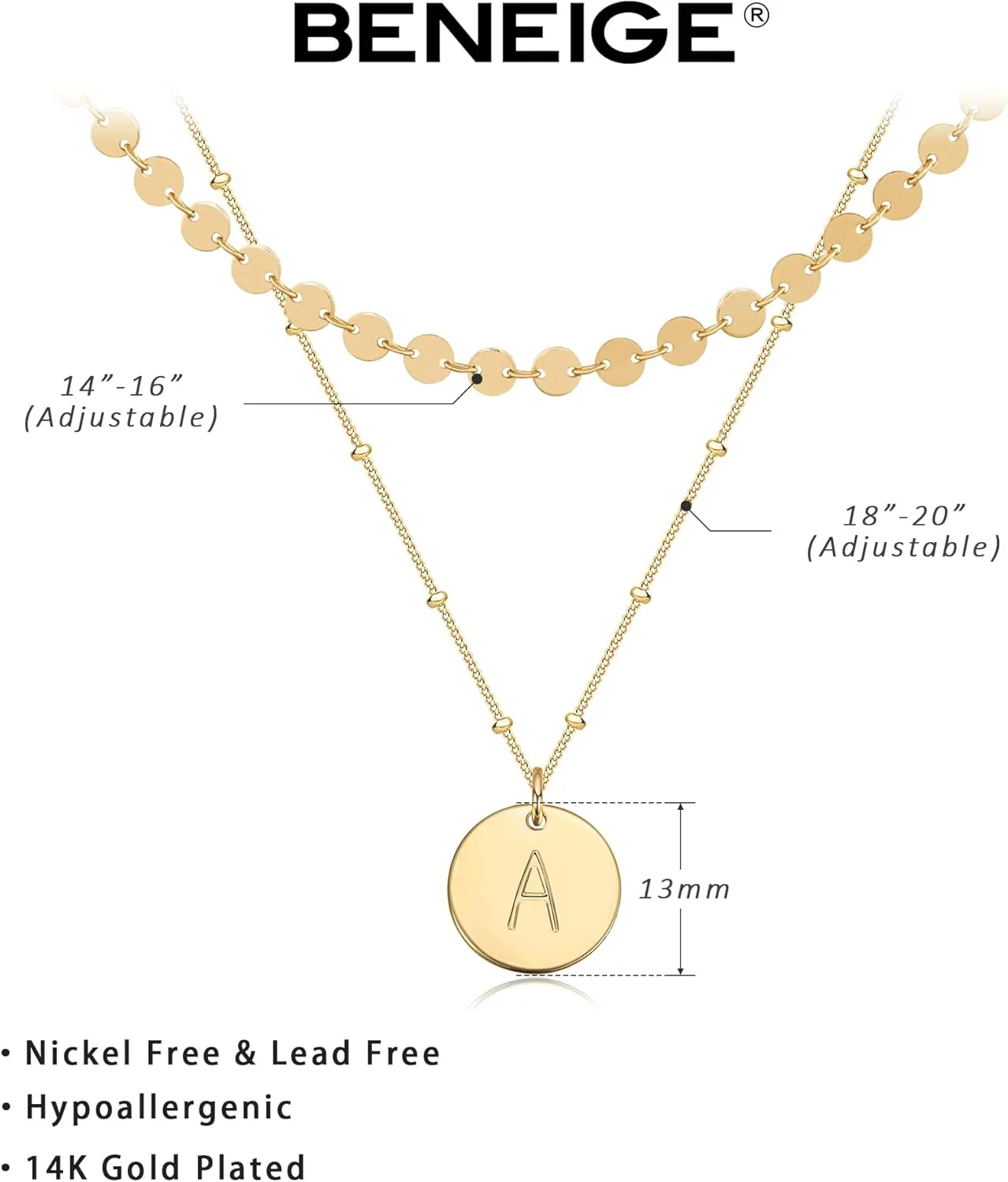 BENEIGE Initial Necklace for Women 14K Gold Plated Letter Pendant Necklaces Dainty Gold Layered Necklace Jewelry For Women