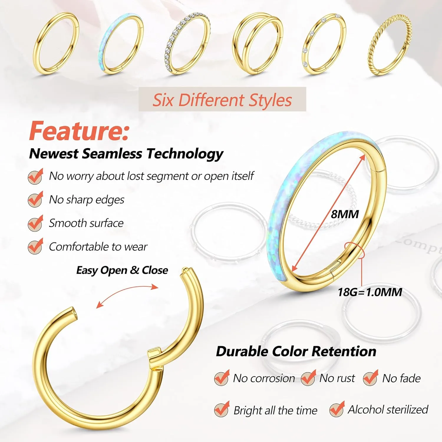 Besteel 18G Surgical Steel Nose Rings Hoop for Women Men Small Opal CZ Clicker Hinged Septum Piercing Jewelry Lip Helix Cartilage Conch Tragus Rook Daith Earrings
