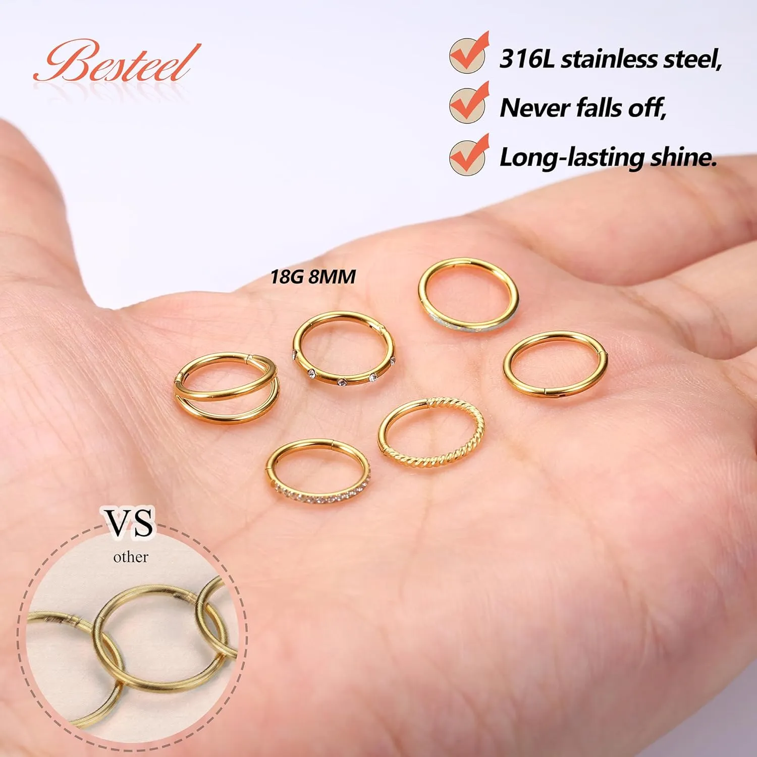 Besteel 18G Surgical Steel Nose Rings Hoop for Women Men Small Opal CZ Clicker Hinged Septum Piercing Jewelry Lip Helix Cartilage Conch Tragus Rook Daith Earrings