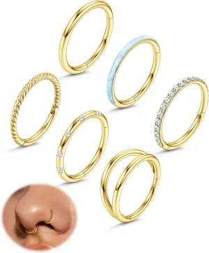 Besteel 18G Surgical Steel Nose Rings Hoop for Women Men Small Opal CZ Clicker Hinged Septum Piercing Jewelry Lip Helix Cartilage Conch Tragus Rook Daith Earrings