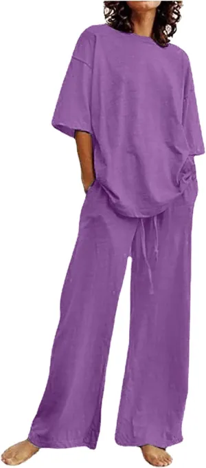 Binmer Women's Summer Linen Loungewear Pajamas Set 2 Piece Outfits Plus Size Short Sleeve Tops Wide Leg Pants Set W/Pockets