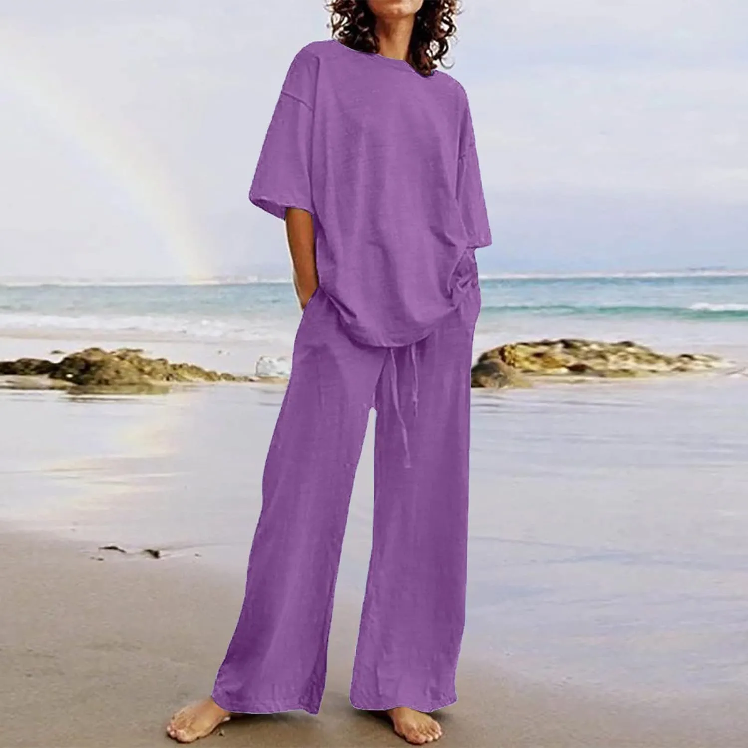 Binmer Women's Summer Linen Loungewear Pajamas Set 2 Piece Outfits Plus Size Short Sleeve Tops Wide Leg Pants Set W/Pockets