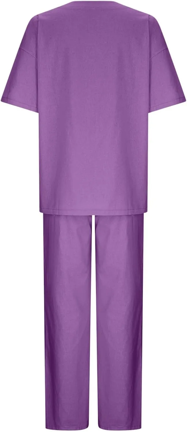 Binmer Women's Summer Linen Loungewear Pajamas Set 2 Piece Outfits Plus Size Short Sleeve Tops Wide Leg Pants Set W/Pockets